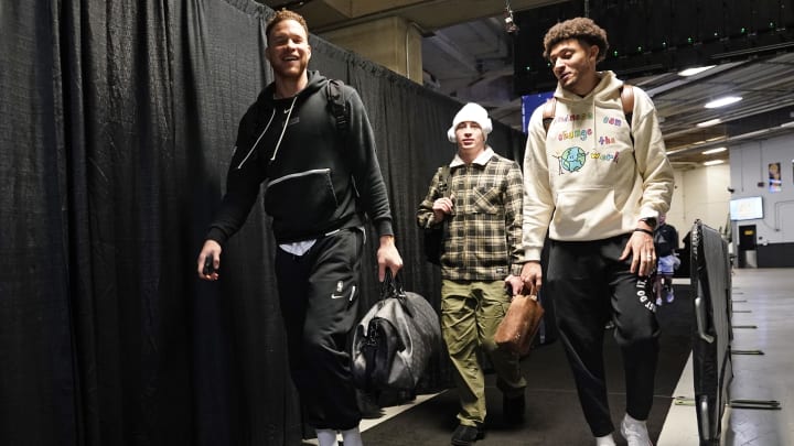 Jan 7, 2023; San Antonio, Texas, USA; Boston Celtics center Blake Griffin (left), guard Payton Pritchard (center) and forward Justin Jackson enter AT&T Center before the game against the San Antonio Spurs. 