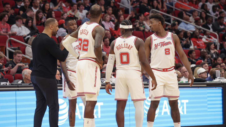 Mar 16, 2024; Houston, Texas, USA; Houston Rockets head coach Ime Udoka talks to his team during a Cleveland Cavaliers time-out in the second half at Toyota Center. Mandatory Credit: Thomas Shea-USA TODAY Sports