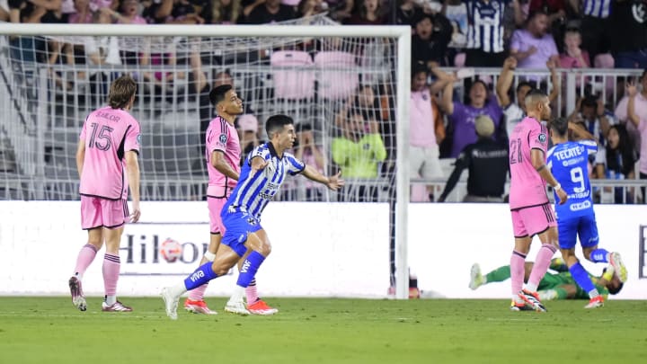 Monterrey's Jorge Rodríguez (center) exults after scoring late against Inter Miami to give the Liga MX club a 2-1 victory in a Concacaf Champions Cup quarterfinal match-up.