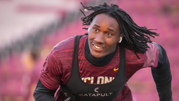 Iowa State defensive back T.J. Tampa warms up prior to kickoff against Kansas State at Jack Trice Stadium in Ames, Iowa, on Saturday, Oct. 8, 2022.

Iowastatevskansasstatefb 20221008 Bh