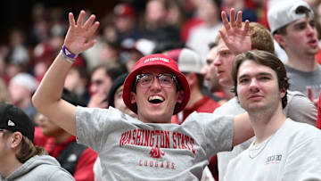 Feb 15, 2024; Pullman, Washington, USA; Washington State Cougars celebrates during a men   s basketball game against the California Golden Bears in the second half at Friel Court at Beasley Coliseum. Washington State Cougars won 84-65. Mandatory Credit: James Snook-Imagn Images