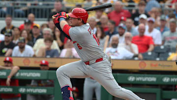 Jul 1, 2025; Pittsburgh, Pennsylvania, USA;  St. Louis Cardinals third baseman Nolan Gorman (16) hits a single against the Pittsburgh Pirates during the fourth inning at PNC Park. Mandatory Credit: Charles LeClaire-Imagn Images