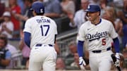 National League All-Stars Shohei Ohtani (17) and Freddie Freeman (5) of the Los Angeles Dodgers in the 2025 MLB All-Star Game at Truist Park. 