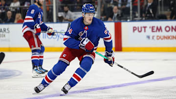 Sep 24, 2024; New York, New York, USA; New York Rangers center Adam Edstrom (84) skates against the New York Islanders during the third period at Madison Square Garden. Mandatory Credit: Danny Wild-Imagn Images