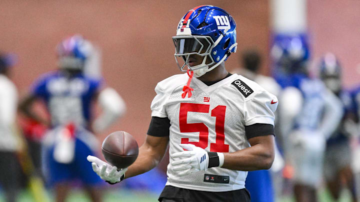 New York Giants linebacker Abdul Carter (51) participates in a drill during minicamp at Quest Diagnostics Training Center. New York Giants linebacker Abdul Carter (51) participates in a drill during minicamp at Quest Diagnostics Training Center.