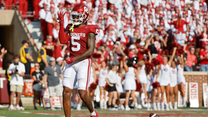 Oklahoma's Andrel Anthony (5) celebrates a touchdown in the first half during the college football game between the University of Oklahoma Sooners and the Southern Methodist University Mustangs at the Gaylord Family Oklahoma Memorial Stadium in Norman, Okla., Saturday, Sept. 9, 2023.