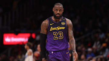 Dec 6, 2024; Atlanta, Georgia, USA; Los Angeles Lakers forward LeBron James (23) in action against the Atlanta Hawks in overtime at State Farm Arena. Mandatory Credit: Brett Davis-Imagn Images