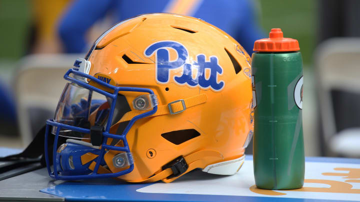 Oct 3, 2020; Pittsburgh, Pennsylvania, USA;  A Pittsburgh Panthers helmet sits on the sidelines against the North Carolina State Wolfpack during the second quarter at Heinz Field. The Wolfpack won 30-29. Mandatory Credit: Charles LeClaire-USA TODAY Sports