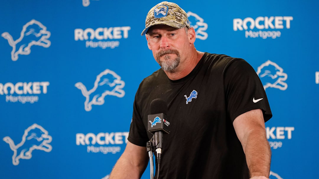 Detroit Lions head coach Dan Campbell speaks during minicamp at Detroit Lions headquarters and practice facility in Allen Park.
