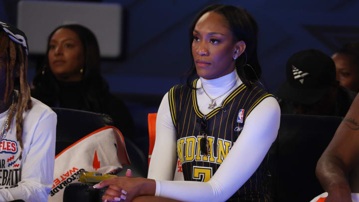A'ja Wilson coaches from the sidelines during the 2024 Celebrity Game at NBA All-Star Weekend.
