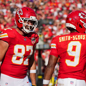 Sep 28, 2025; Kansas City, Missouri, USA; Kansas City Chiefs wide receiver Juju Smith-Schuster (9) celebrates with quarterback Patrick Mahomes (15) and tight end Travis Kelce (87) against the Baltimore Ravens after scoring during the game at GEHA Field at Arrowhead Stadium. Mandatory Credit: Denny Medley-Imagn Images