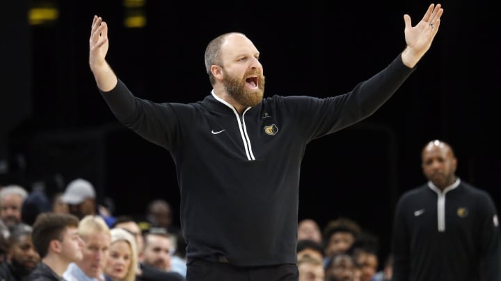 Dec 8, 2023; Memphis, Tennessee, USA; Memphis Grizzlies head coach Taylor Jenkins reacts during the second half against the Minnesota Timberwolves at FedExForum. Mandatory Credit: Petre Thomas-USA TODAY Sports