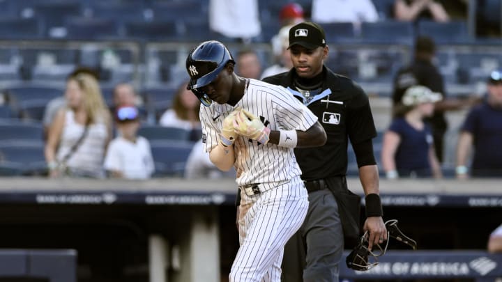 Aug 10, 2024; Bronx, New York, USA; New York Yankees third baseman Jazz Chisholm Jr. (13) crosses the plate after hitting a solo home run against the Texas Rangers during the eighth inning at Yankee Stadium. Mandatory Credit: John Jones-USA TODAY Sports