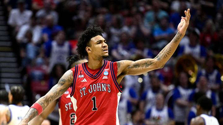 Mar 22, 2026; San Diego, CA, USA; St. John's Red Storm forward Dillon Mitchell (1) reacts in the second half against the Kansas Jayhawks during a second round game of the men's 2026 NCAA Tournament at Viejas Arena.