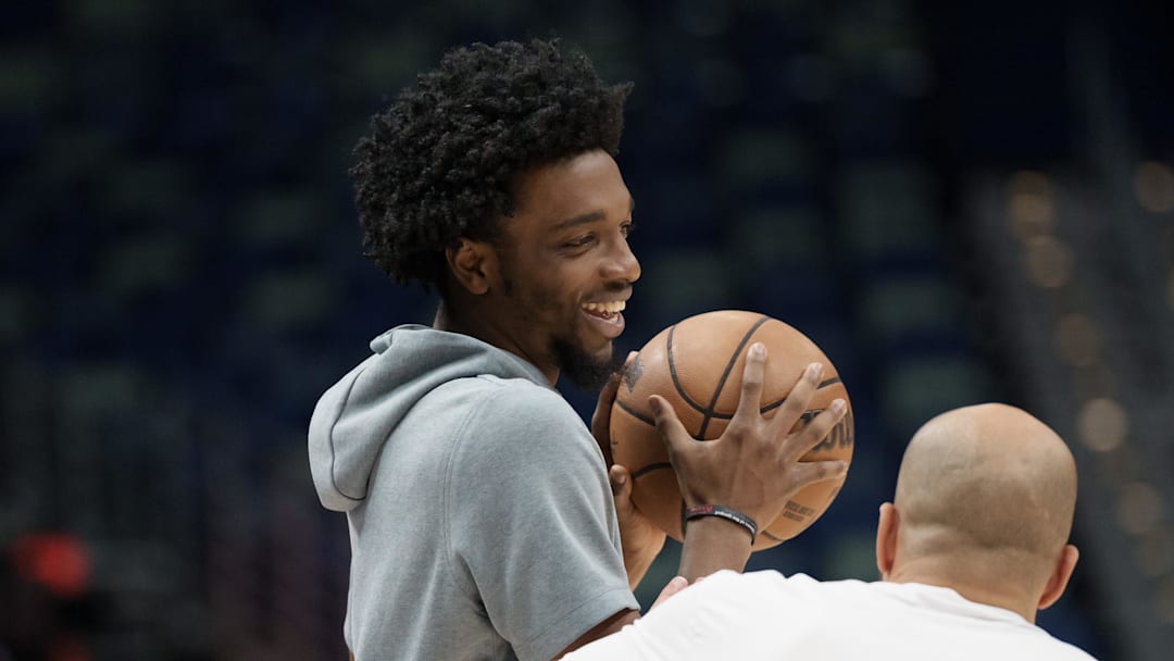 Mar 19, 2026; New Orleans, Louisiana, USA; New Orleans Pelicans forward Herbert Jones warms up before a game against the LA Clippers at Smoothie King Center. Mandatory Credit: Matthew Hinton-Imagn Images Mar 19, 2026; New Orleans, Louisiana, USA; New Orleans Pelicans forward Herbert Jones warms up before a game against the LA Clippers at Smoothie King Center. Mandatory Credit: Matthew Hinton-Imagn Images