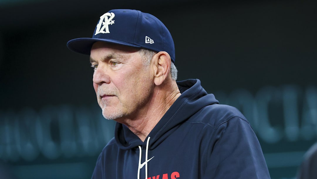 Mar 28, 2025; Arlington, Texas, USA; Texas Rangers manager Bruce Bochy (15) looks on before the game against the Boston Red Sox at Globe Life Field. Mar 28, 2025; Arlington, Texas, USA; Texas Rangers manager Bruce Bochy (15) looks on before the game against the Boston Red Sox at Globe Life Field.