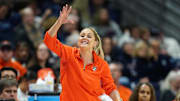 Mar 22, 2025; Storrs, Connecticut, USA; Oklahoma State Cowgirls head coach Jacie Hoyt watches from the sideline as they take on the South Dakota State Jackrabbits at Harry A. Gampel Pavilion. Mandatory Credit: David Butler II-Imagn Images