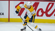 Oct 13, 2025; Ottawa, Ontario, CAN; Nashville Predators center Tyson Jost (17) shoots the puck in the third period against the Ottawa Senators at the Canadian Tire Centre. Mandatory Credit: Marc DesRosiers-IMAGN Images