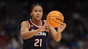 Apr 4, 2025; Tampa, FL, USA;  Connecticut Huskies forward Sarah Strong (21) plays against the UCLA Bruins during the third quarter in a semifinal of the women's 2025 NCAA tournament at Amalie Arena. Mandatory Credit: Nathan Ray Seebeck-Imagn Images