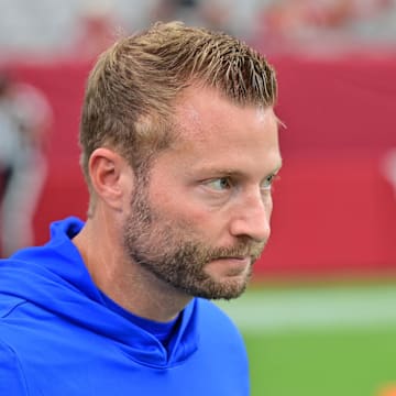 Sep 15, 2024; Glendale, Arizona, USA;  Los Angeles Rams head coach Sean McVay prior to a game against the Arizona Cardinals at State Farm Stadium. Mandatory Credit: Matt Kartozian-Imagn Images