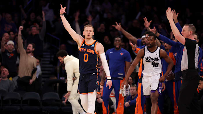 Apr 4, 2024; New York, New York, USA; New York Knicks guard Donte DiVincenzo (0) celebrates his