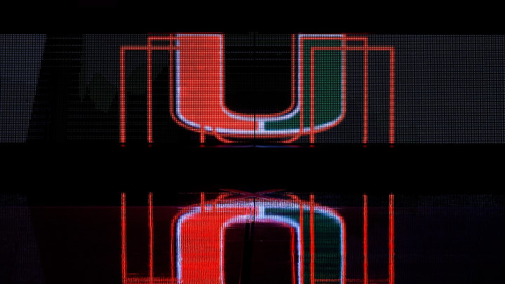 Dec 16, 2020; Coral Gables, Florida, USA; A g general view of the Miami Hurricanes logo on the scorers table prior to the game between the Miami Hurricanes and the Pittsburgh Panthers at Watsco Center. Mandatory Credit: Jasen Vinlove-USA TODAY Sports