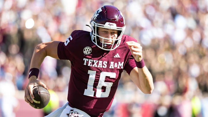 Nov 22, 2025; College Station, Texas, USA; Texas A&M Aggies quarterback Miles O'Neill (16) runs with the ball in the second half of a game at Kyle Field. Mandatory Credit: Joseph Buvid-Imagn Images