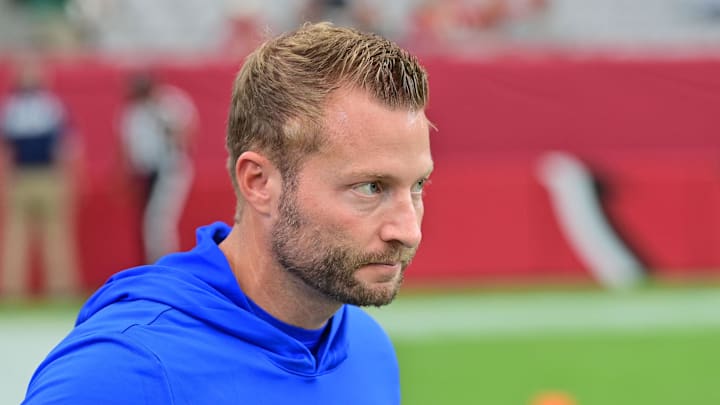 Sep 15, 2024; Glendale, Arizona, USA;  Los Angeles Rams head coach Sean McVay prior to a game against the Arizona Cardinals at State Farm Stadium. Mandatory Credit: Matt Kartozian-Imagn Images