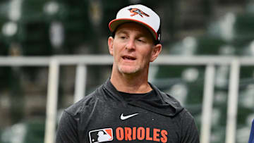 May 21, 2025; Milwaukee, Wisconsin, USA; Baltimore Orioles interim manager Tony Mansolino looks on during batting practice against the Milwaukee Brewers at American Family Field. Mandatory Credit: Benny Sieu-Imagn Images