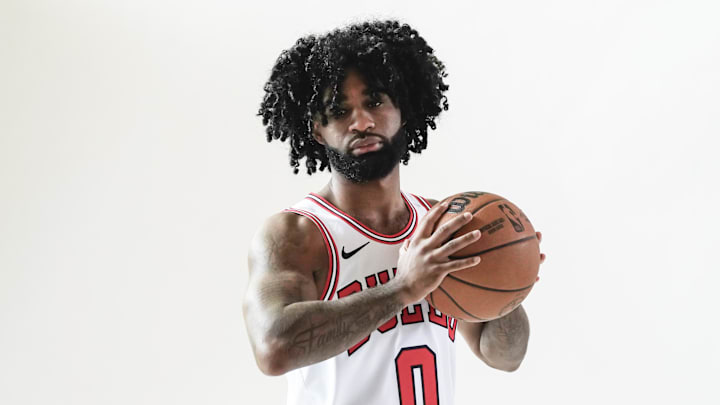 Sep 29, 2025; Chicago, IL, USA; Chicago Bulls guard Coby White (0) poses for photos during Chicago Bulls Media Day. Mandatory Credit: David Banks-Imagn Images