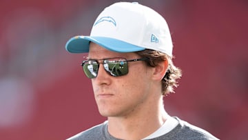 August 23, 2025; Santa Clara, California, USA; Los Angeles Chargers quarterback Justin Herbert (10) warms up before the game against the San Francisco 49ers at Levi's Stadium. Mandatory Credit: Kyle Terada-Imagn Images