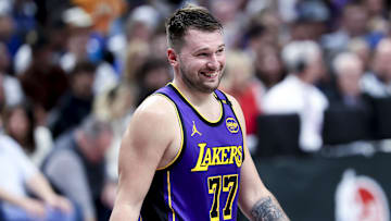 Apr 9, 2025; Dallas, Texas, USA;  Los Angeles Lakers guard Luka Doncic (77) reacts against the Dallas Mavericks during the second half at American Airlines Center. Mandatory Credit: Kevin Jairaj-Imagn Images