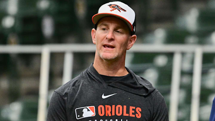 May 21, 2025; Milwaukee, Wisconsin, USA; Baltimore Orioles interim manager Tony Mansolino looks on during batting practice against the Milwaukee Brewers at American Family Field