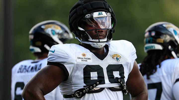 Jacksonville Jaguars defensive tackle Ruke Orhorhoro (99) looks on 1during the sixth day of NFL training camp at the Miller Electric Center on Tuesday, Aug. 4, 2026, in Jacksonville, Fla.
