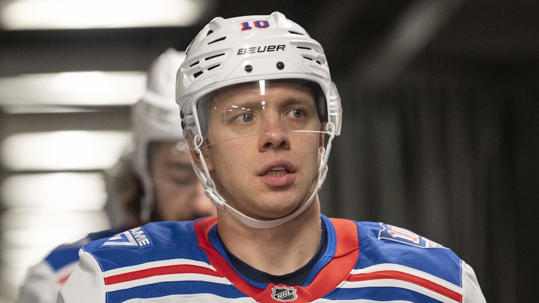 Jan 23, 2026; San Jose, California, USA;  New York Rangers left wing Artemi Panarin (10) before the start of warm ups against the San Jose Sharks at SAP Center at San Jose. Mandatory Credit: Stan Szeto-Imagn Images