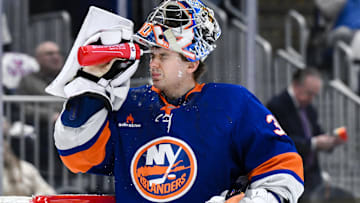 Apr 15, 2025; Elmont, New York, USA; New York Islanders goaltender Ilya Sorokin (30) takes a water break before the first period against the Washington Capitals at UBS Arena. Mandatory Credit: John Jones-Imagn Images
