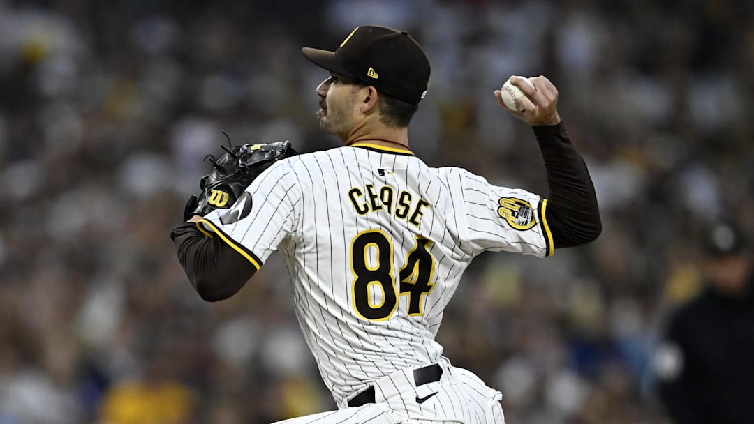 Oct 9, 2024; San Diego, California, USA; San Diego Padres pitcher Dylan Cease (84) throws in the first inning against the Los Angeles Dodgers during game four of the NLDS for the 2024 MLB Playoffs at Petco Park. 