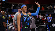 Aug 29, 2025; College Park, Georgia, USA; Atlanta Dream guard Allisha Gray (15) waves to the crowd after a victory over the Dallas Wings at Gateway Center Arena at College Park. Mandatory Credit: Brett Davis-Imagn Images
