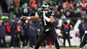 Nov 28, 2025; Philadelphia, Pennsylvania, USA; Philadelphia Eagles quarterback Jalen Hurts (1) passes the ball against the Chicago Bears during the second quarter of the game at Lincoln Financial Field. 