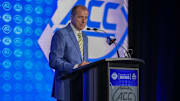 Jul 22, 2025; Charlotte, NC, USA; ACC commissioner Jim Phillips speaks to the media during ACC Media Days at Hilton Charlotte Uptown. Mandatory Credit: Jim Dedmon-Imagn Images