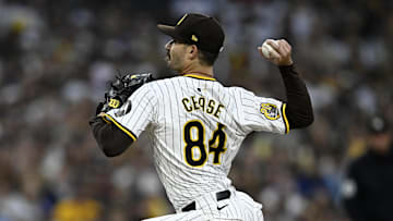 Oct 9, 2024; San Diego, California, USA; San Diego Padres pitcher Dylan Cease (84) throws in the first inning against the Los Angeles Dodgers during game four of the NLDS for the 2024 MLB Playoffs at Petco Park.  Mandatory Credit: Denis Poroy-Imagn Images