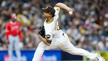 May 13, 2025; San Diego, California, USA; San Diego Padres relief pitcher Jeremiah Estrada (56) throws a pitch during the seventh inning against the Los Angeles Angels at Petco Park. Mandatory Credit: David Frerker-Imagn Images
