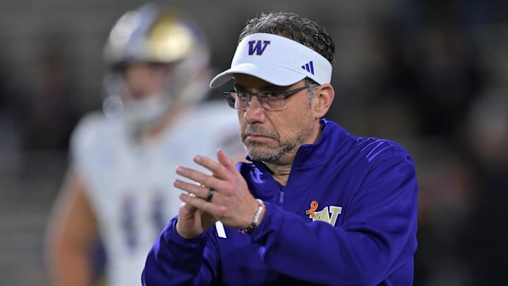 Nov 22, 2025; Pasadena, California, USA;  Washington Huskies head coach Jedd Fisch on the field prior to the game against the UCLA Bruins at the Rose Bowl. Mandatory Credit: Jayne Kamin-Oncea-Imagn Images