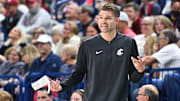 Jan 11, 2025; Spokane, Washington, USA; Washington State Cougars head coach David Riley reacts after a play against the Gonzaga Bulldogs in the first half at McCarthey Athletic Center. Mandatory Credit: James Snook-Imagn Images