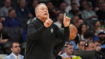 March 21, 2024, Charlotte, NC, USA; Michigan State Spartans head coach Tom Izzo gestures against the Mississippi State Bulldogs in the first round of the 2024 NCAA Tournament at the Spectrum Center. Mandatory Credit: Jim Dedmon-USA TODAY Sports