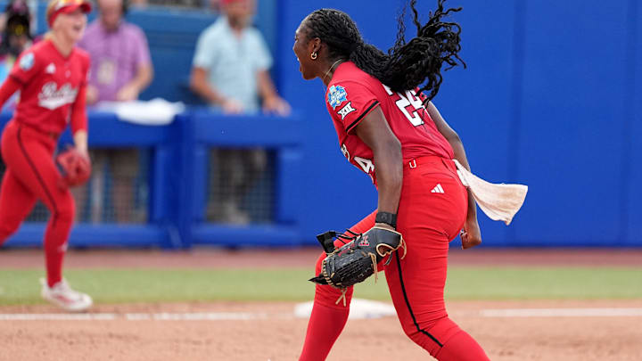 Texas Tech's NiJaree Canady (24) celebrates a strike out during the Women's College World Series softball game between the Texas Tech Raiders and the Oklahoma Sooners at Devon Park in Oklahoma City, Monday, June, 2, 2025.