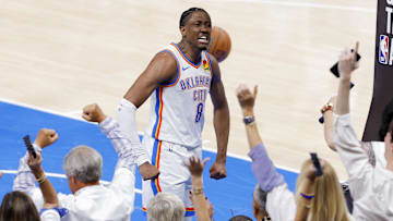 Jun 5, 2025; Oklahoma City, Oklahoma, USA; Oklahoma City Thunder forward Jalen Williams (8) celebrates after dunking the ball against the Indiana Pacers during the fourth quarter during game one of the 2025 NBA Finals at Paycom Center. Mandatory Credit: Alonzo Adams-Imagn Images