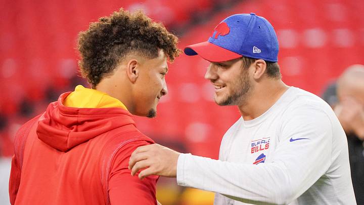 Oct 10, 2021; Kansas City, Missouri, USA; Kansas City Chiefs quarterback Patrick Mahomes (15) talks with Buffalo Bills quarterback Josh Allen (17) before warm ups at GEHA Field at Arrowhead Stadium. Mandatory Credit: Denny Medley-Imagn Images