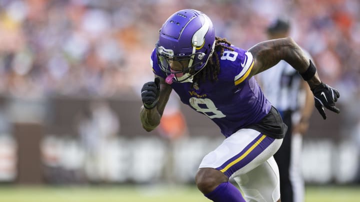 Aug 17, 2024; Cleveland, Ohio, USA; Minnesota Vikings wide receiver Trishton Jackson (8) runs from the line of scrimmage against the Cleveland Browns during the second quarter at Cleveland Browns Stadium. Mandatory Credit: Scott Galvin-USA TODAY Sports