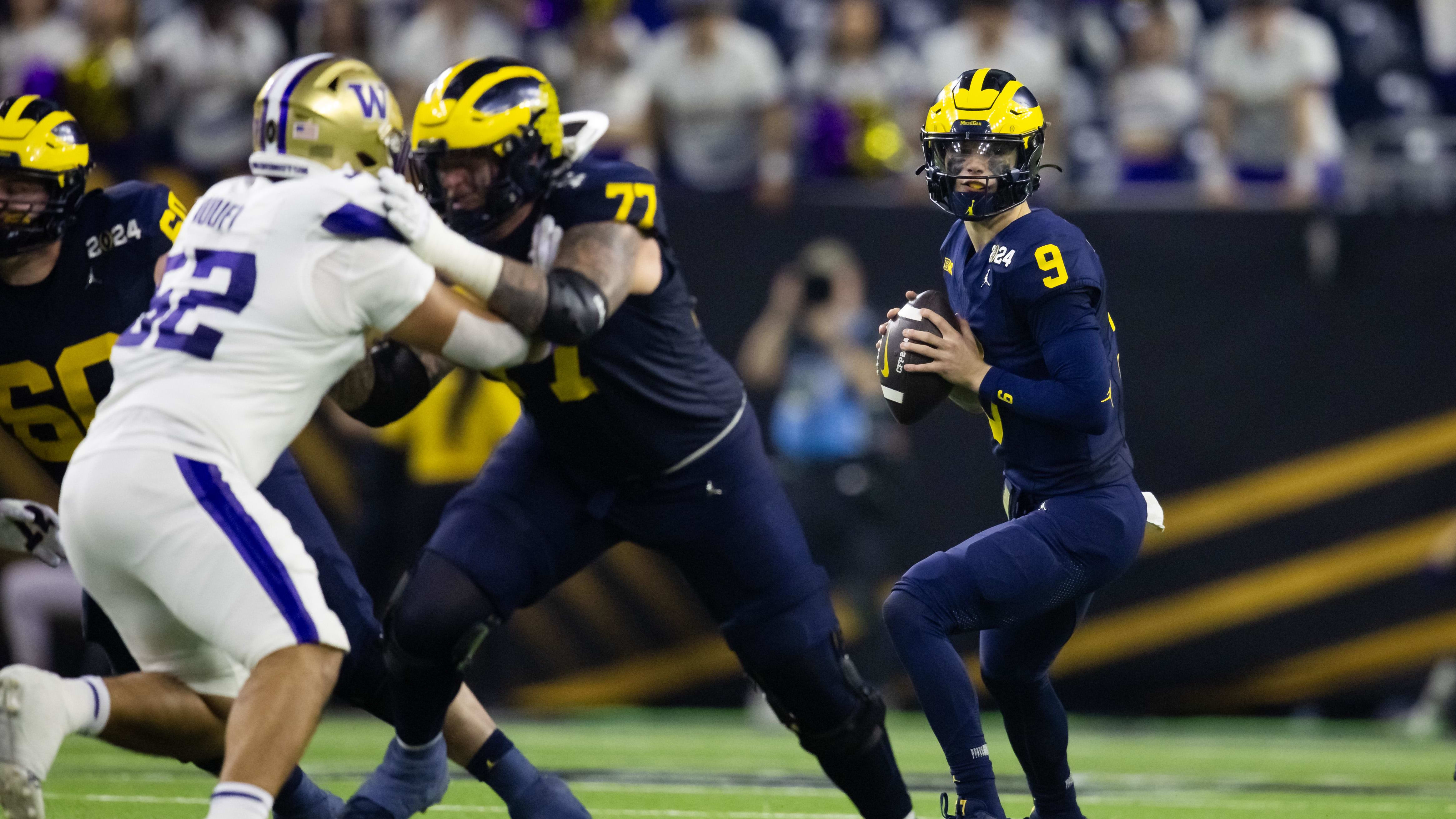 Michigan’s J.J. McCarthy throws a pass vs. Washington in the national championship game.